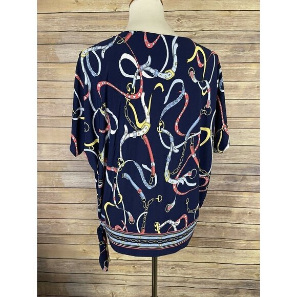 Rafaella Small Belt Chain Print Blouse Tie Side - Picture 5 of 11